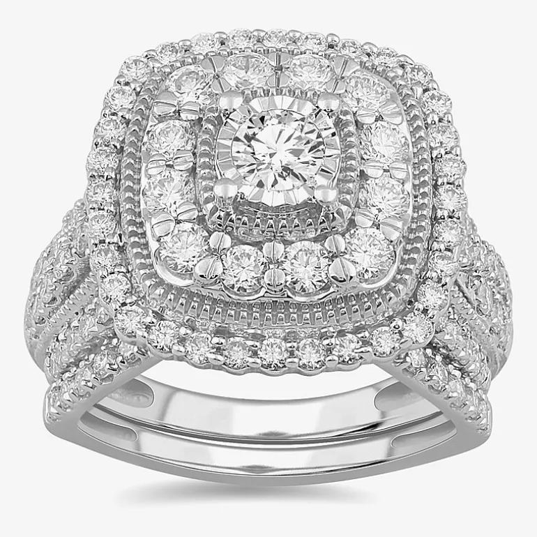 (G-H / Si1-Si2) Womens 2 CT. T.W. Lab Grown White Diamond 10K Gold Cushion Side Stone Bridal Set