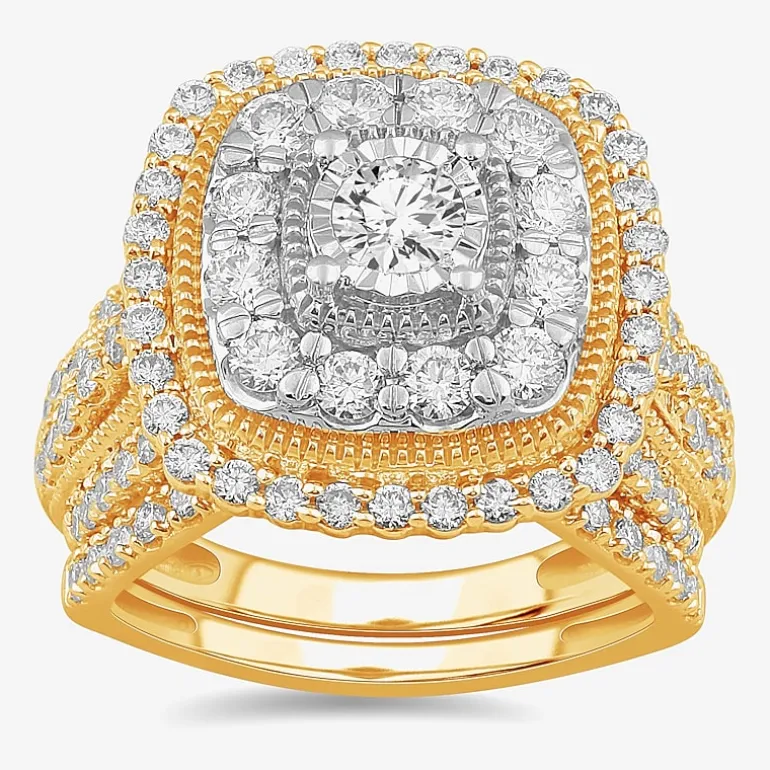 (G-H / Si1-Si2) Womens 2 CT. T.W. Lab Grown White Diamond 10K Gold Cushion Side Stone Bridal Set