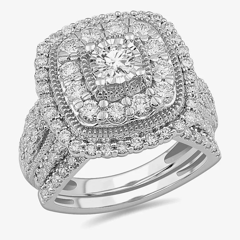 (G-H / Si1-Si2) Womens 2 CT. T.W. Lab Grown White Diamond 10K Gold Cushion Side Stone Bridal Set