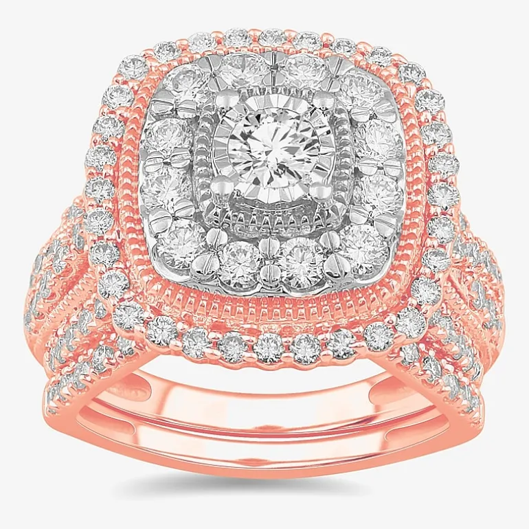(G-H / Si1-Si2) Womens 2 CT. T.W. Lab Grown White Diamond 10K Gold Cushion Side Stone Bridal Set