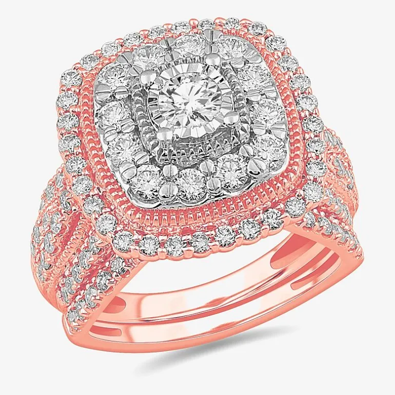 (G-H / Si1-Si2) Womens 2 CT. T.W. Lab Grown White Diamond 10K Gold Cushion Side Stone Bridal Set
