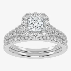 (G-H / Vs2-Si1) Womens 1 CT. T.W. Lab Grown White Diamond 10K Gold Cushion Side Stone Halo Bridal Set