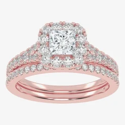 (G-H / Vs2-Si1) Womens 1 CT. T.W. Lab Grown White Diamond 10K Gold Cushion Side Stone Halo Bridal Set