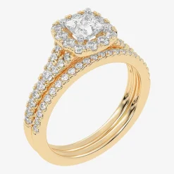 (G-H / Vs2-Si1) Womens 1 CT. T.W. Lab Grown White Diamond 10K Gold Cushion Side Stone Halo Bridal Set