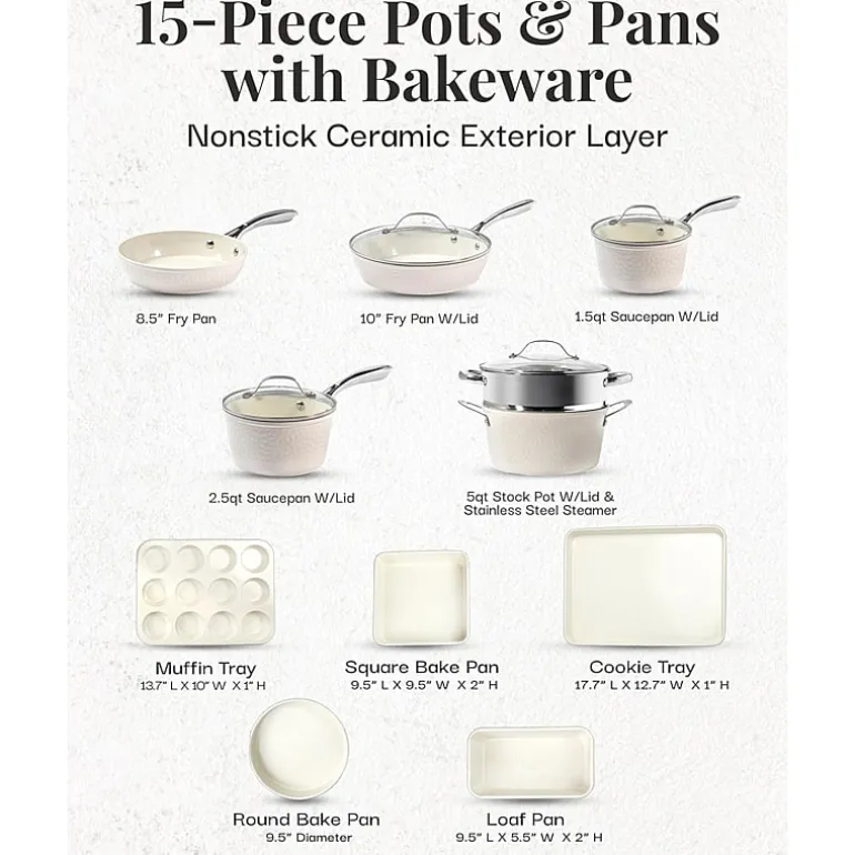 Gotham Steel Hammered Cream 15-pc. Non-Stick Ceramic Cookware and Bakeware Set