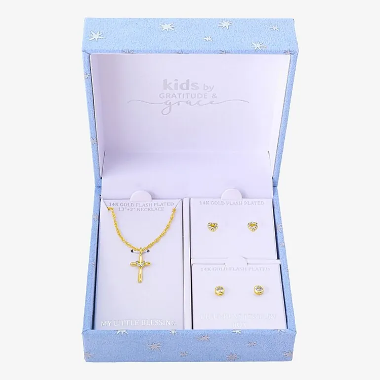Gratitude & Grace Girls Cubic Zirconia 14K Gold Over Brass Cross Heart 3-pc. Jewelry Set