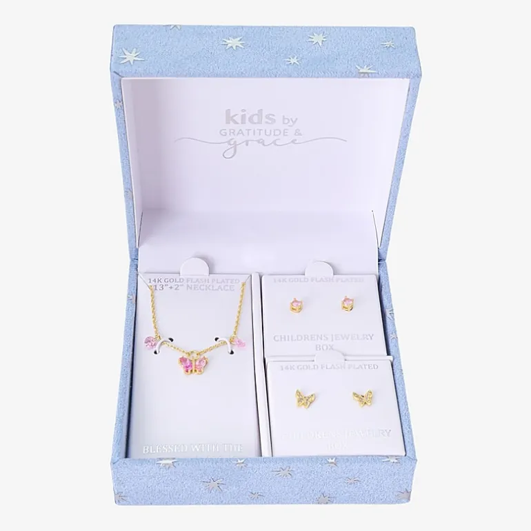 Gratitude & Grace Girls Pink Cubic Zirconia 14K Gold Over Brass Butterfly 3-pc. Jewelry Set
