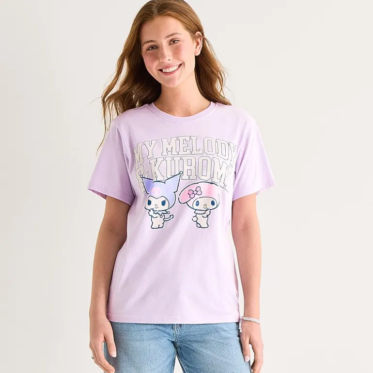 Grayson Threads, The Label Womens Juniors Crew Neck Short Sleeve Loose Fit Kuromi My Melody Graphic T-Shirt