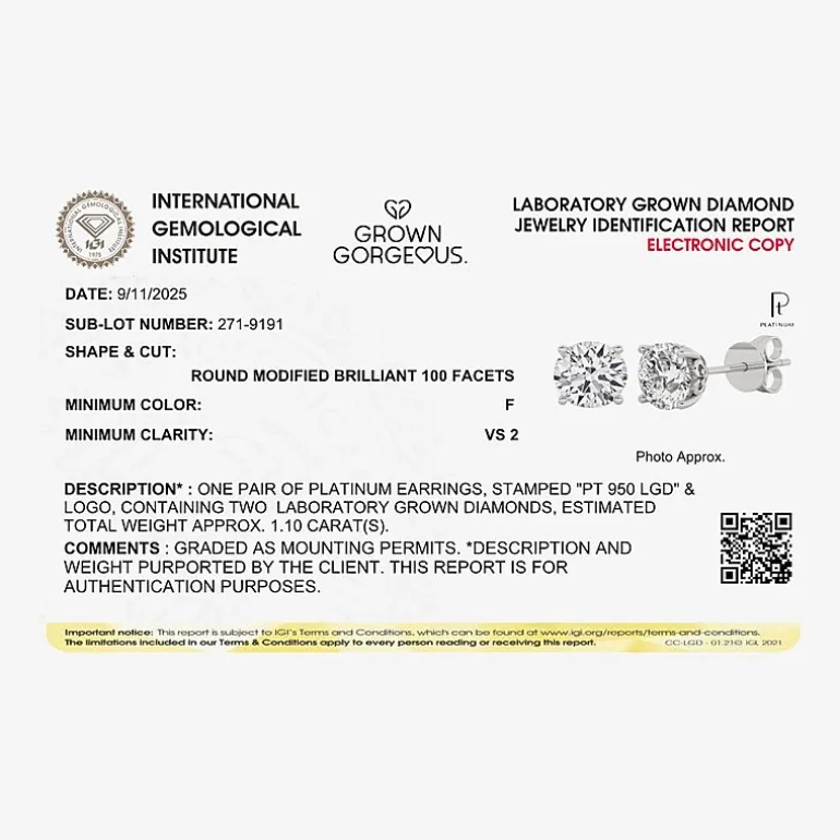 Grown Gorgeous (F, Vs2) 1 1/10 CT. T.W. Lab-Grown Diamond 14K Gold or Platinum 6.1mm Round Stud Earrings