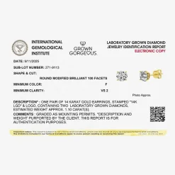 Grown Gorgeous (F, Vs2) 1 1/10 CT. T.W. Lab-Grown Diamond 14K Gold or Platinum 6.1mm Round Stud Earrings