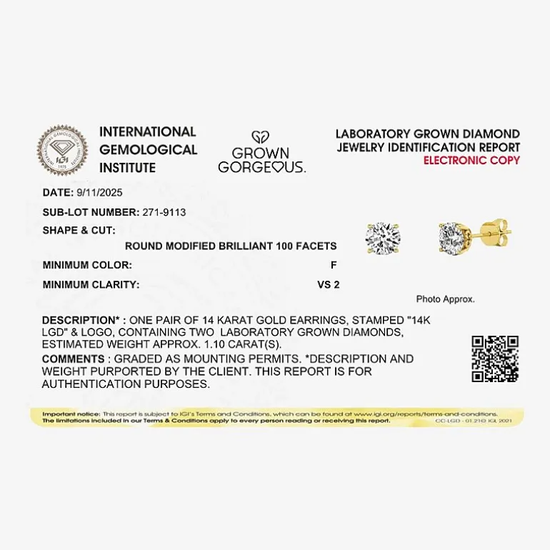 Grown Gorgeous (F, Vs2) 1 1/10 CT. T.W. Lab-Grown Diamond 14K Gold or Platinum 6.1mm Round Stud Earrings