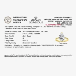 Grown Gorgeous (F, Vs2) Womens 2 1/4 CT. Lab Grown White Diamond 14K Gold Pear Solitaire Engagement Ring