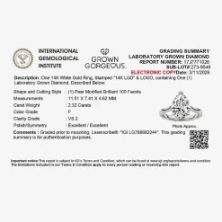 Grown Gorgeous (F, Vs2) Womens 2 1/4 CT. Lab Grown White Diamond 14K Gold Pear Solitaire Engagement Ring