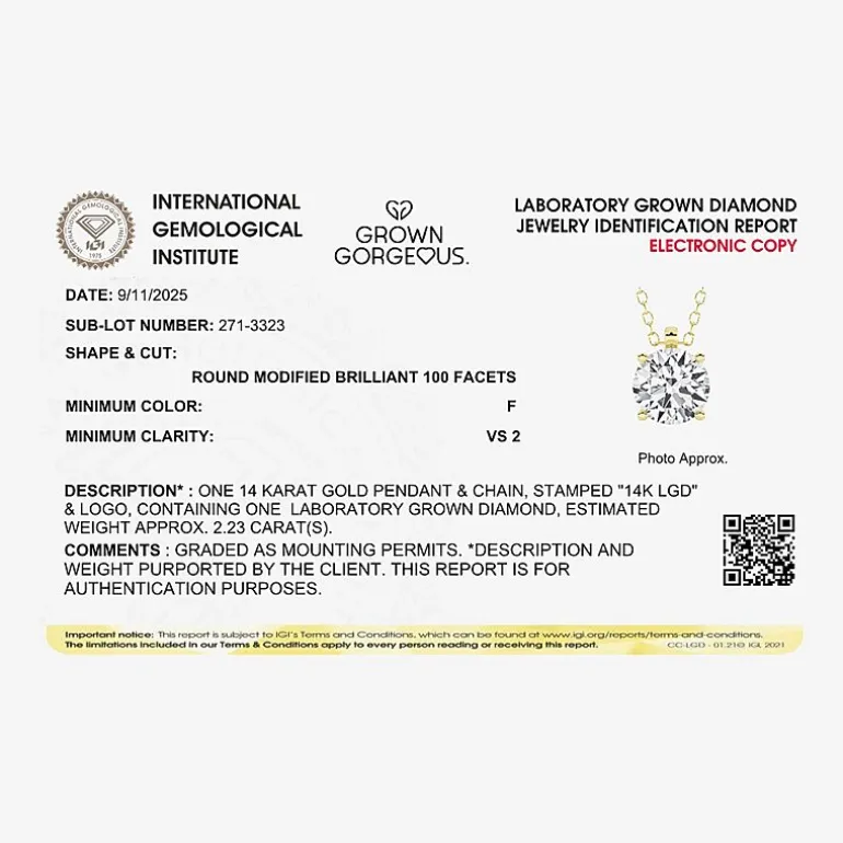 Grown Gorgeous (F, Vs2) Womens 2 1/4 CT. T.W. Lab-Grown Diamond 14K Gold or Platinum Round 18 Inch Pendant Necklace