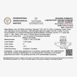 Grown Gorgeous F, Vs2 Womens 3 1/2 CT. T.W Lab Grown White Diamond 14K Gold or Platinum Radiant-cut Engagement Ring