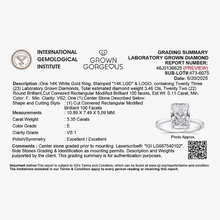 Grown Gorgeous F, Vs2 Womens 3 1/2 CT. T.W Lab Grown White Diamond 14K Gold or Platinum Radiant-cut Engagement Ring