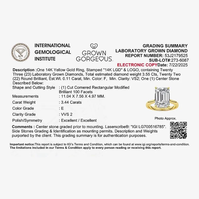 Grown Gorgeous F, Vs2 Womens 3 1/2 CT. T.W Lab Grown White Diamond 14K Gold or Platinum Radiant-cut Engagement Ring