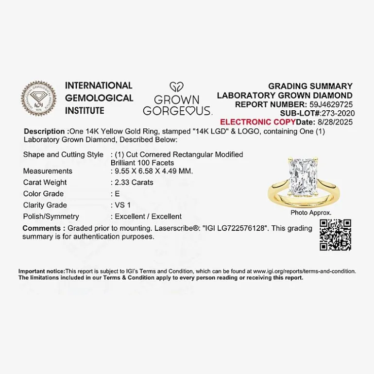Grown Gorgeous (F, Vs2) Womens 2 1/4 CT. T.W. Lab Grown White Diamond 14K Gold or Platinum Radiant-cut Solitaire Engagement Ring