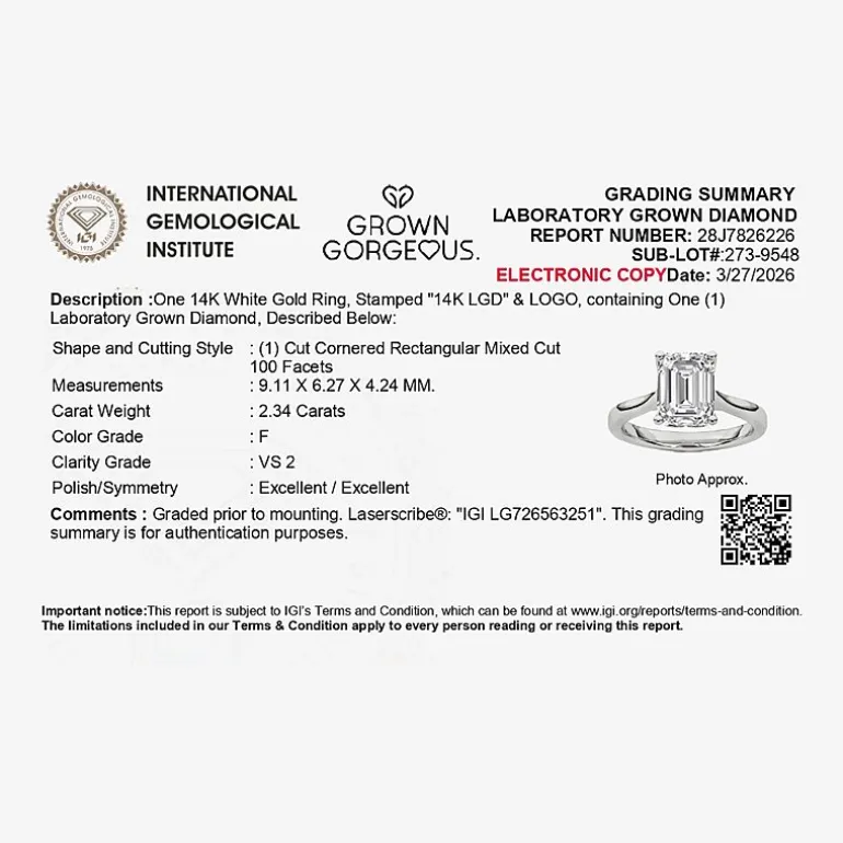 Grown Gorgeous (F, Vs2) Womens 2 1/4 CT. T.W. Lab Grown White Diamond 14K Gold or Platinum Emerald-cut Solitaire Engagement Ring