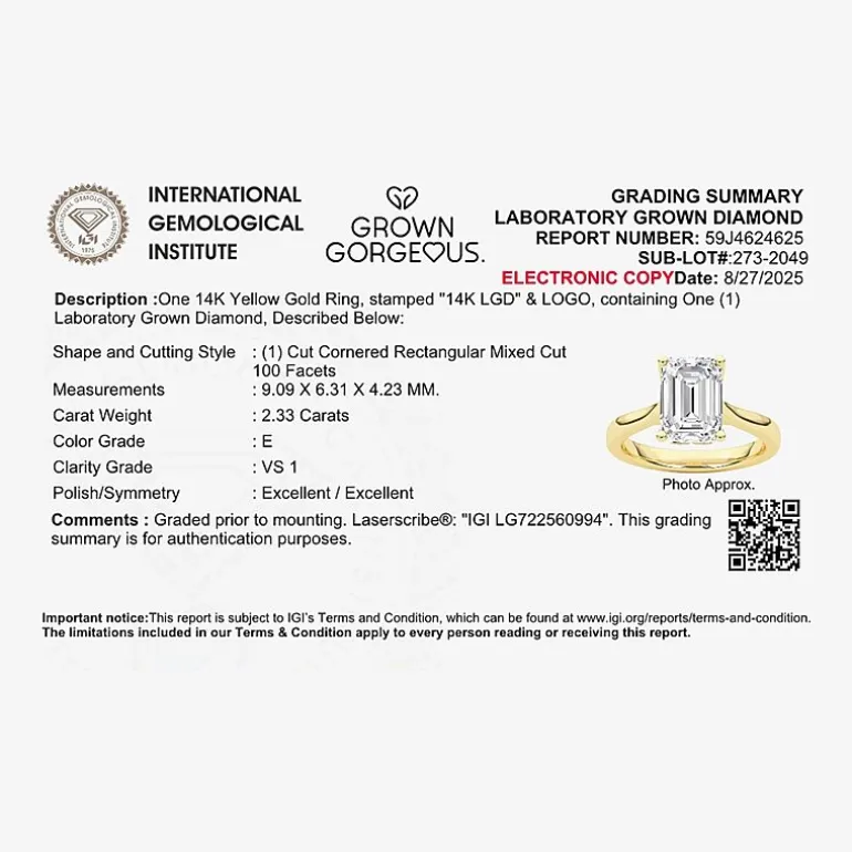 Grown Gorgeous (F, Vs2) Womens 2 1/4 CT. T.W. Lab Grown White Diamond 14K Gold or Platinum Emerald-cut Solitaire Engagement Ring