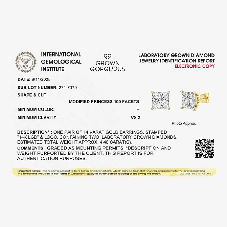 Grown Gorgeous (Vs2,F) 4 1/2 CT. T.W. Lab-Grown Diamond 14K Gold or Platinum 8.2mm Princess Stud Earrings