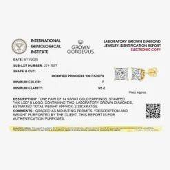 Grown Gorgeous (Vs2, F) 2 1/4 CT. T.W. Lab-Grown Diamond 14K Gold or Platinum 6.3mm Princess Stud Earrings