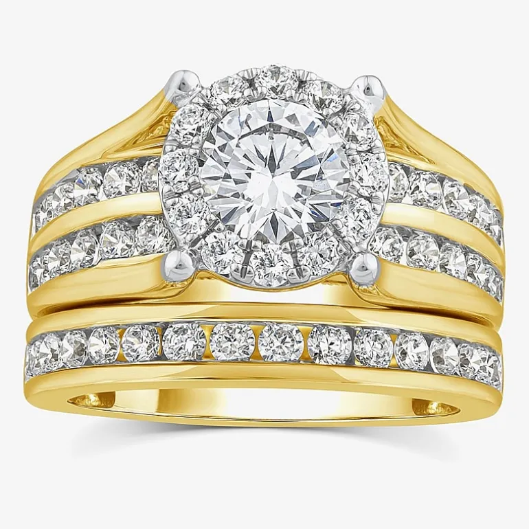 (G / Si1-Si2) Womens 3 CT. T.W. Lab Grown White Diamond 10K Gold Round Side Stone Halo Bridal Set