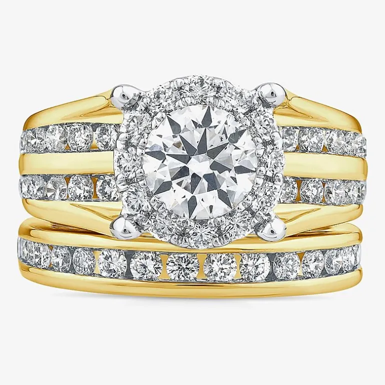 (G / Si1-Si2) Womens 3 CT. T.W. Lab Grown White Diamond 10K Gold Round Side Stone Halo Bridal Set