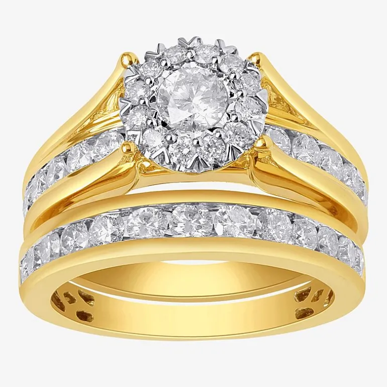 (G, Si2) Womens 2 CT. T.W. Lab Grown White Diamond 10K Gold Round Side Stone Halo Bridal Set