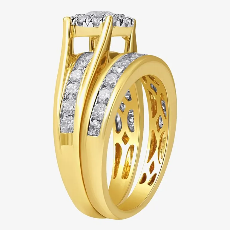 (G, Si2) Womens 2 CT. T.W. Lab Grown White Diamond 10K Gold Round Side Stone Halo Bridal Set
