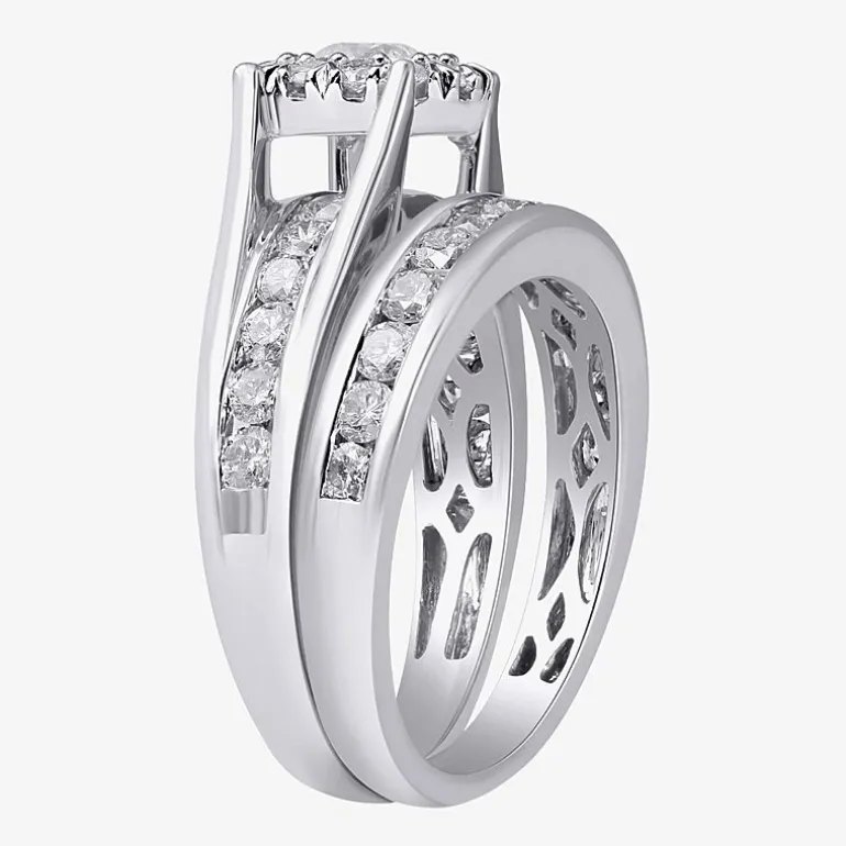 (G, Si2) Womens 2 CT. T.W. Lab Grown White Diamond 10K Gold Round Side Stone Halo Bridal Set