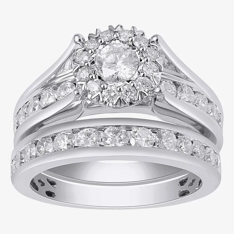 (G, Si2) Womens 2 CT. T.W. Lab Grown White Diamond 10K Gold Round Side Stone Halo Bridal Set