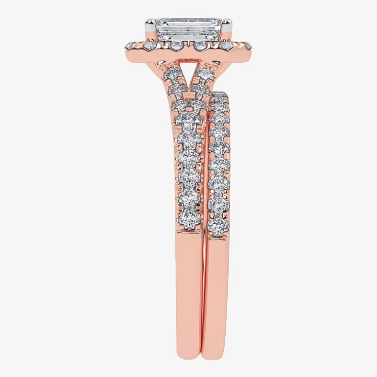 (G / Vs2-Si1) Womens 1 CT. T.W. Lab Grown White Diamond 10K Gold Rectangular Side Stone Halo Bridal Set