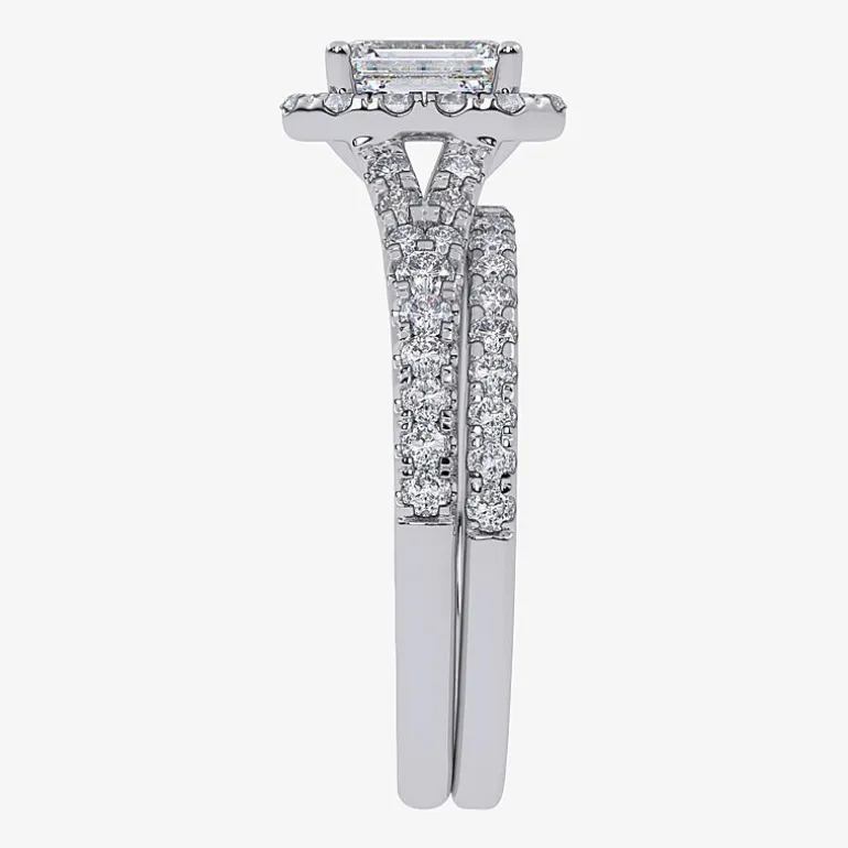(G / Vs2-Si1) Womens 1 CT. T.W. Lab Grown White Diamond 10K Gold Rectangular Side Stone Halo Bridal Set