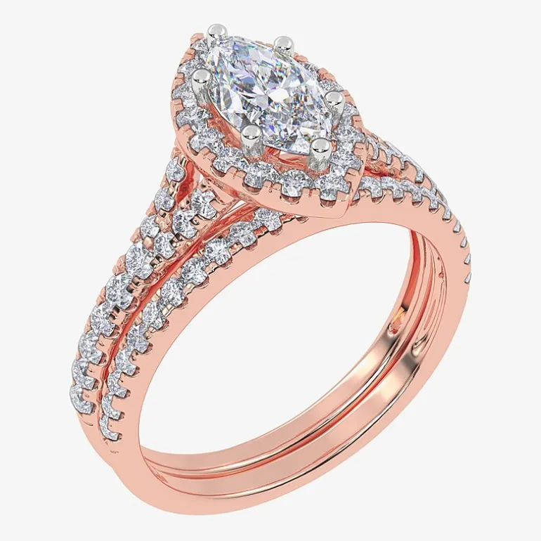 (G / Vs2-Si1) Womens 1 CT. T.W. Lab Grown White Diamond 10K Gold Marquise Side Stone Halo Bridal Set