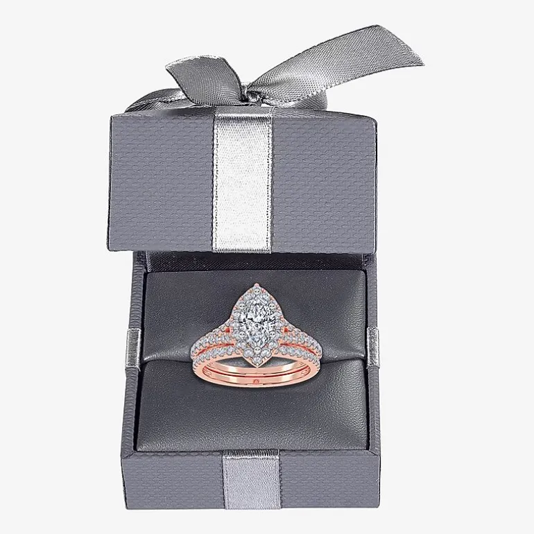 (G / Vs2-Si1) Womens 1 CT. T.W. Lab Grown White Diamond 10K Gold Marquise Side Stone Halo Bridal Set