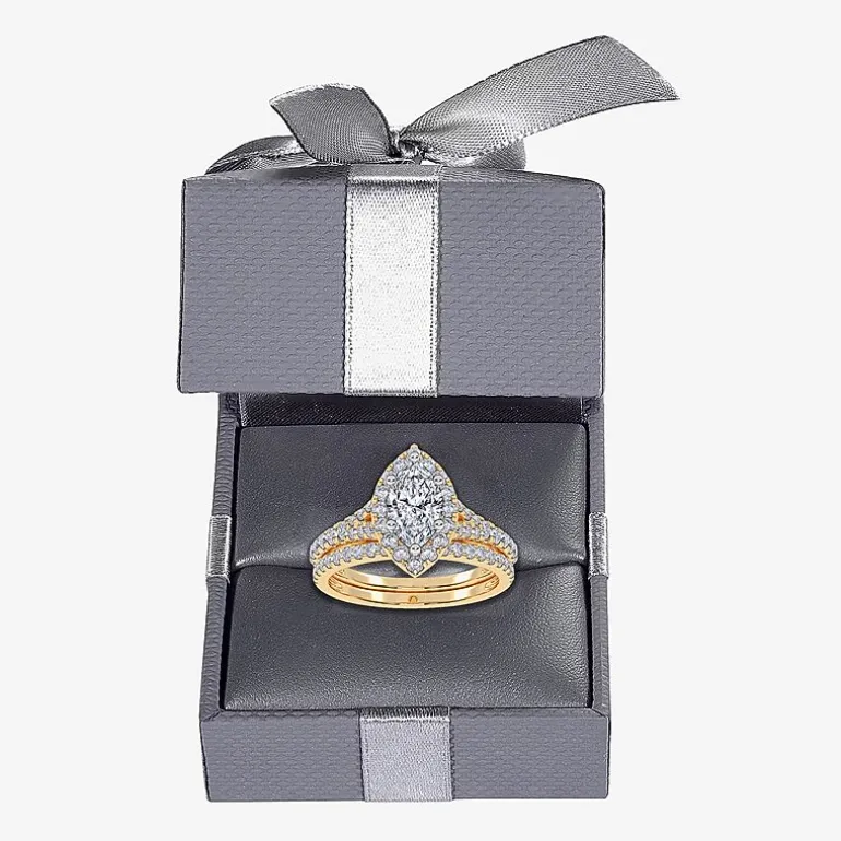 (G / Vs2-Si1) Womens 1 CT. T.W. Lab Grown White Diamond 10K Gold Marquise Side Stone Halo Bridal Set