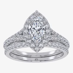 (G / Vs2-Si1) Womens 1 CT. T.W. Lab Grown White Diamond 10K Gold Marquise Side Stone Halo Bridal Set