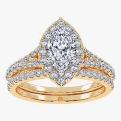 (G / Vs2-Si1) Womens 1 CT. T.W. Lab Grown White Diamond 10K Gold Marquise Side Stone Halo Bridal Set