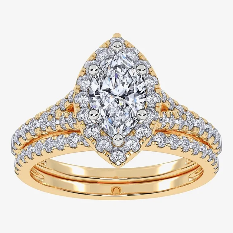 (G / Vs2-Si1) Womens 1 CT. T.W. Lab Grown White Diamond 10K Gold Marquise Side Stone Halo Bridal Set