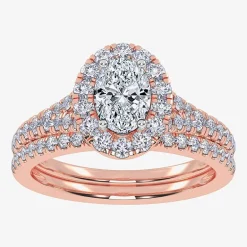 (G / Vs2-Si1) Womens 1 CT. T.W. Lab Grown White Diamond 10K Gold Oval Side Stone Halo Bridal Set