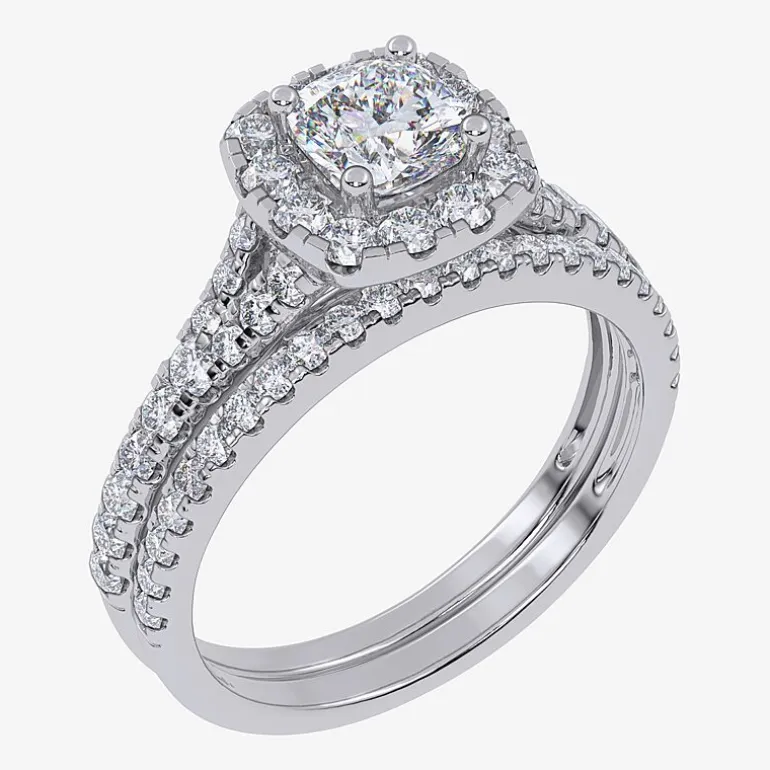 (G / Vs2-Si1) Womens 1 CT. T.W. Lab Grown White Diamond 10K Gold Cushion Side Stone Halo Bridal Set