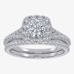 (G / Vs2-Si1) Womens 1 CT. T.W. Lab Grown White Diamond 10K Gold Cushion Side Stone Halo Bridal Set