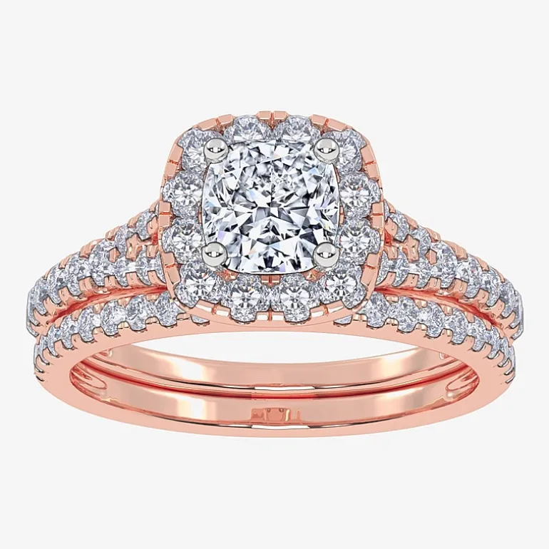 (G / Vs2-Si1) Womens 1 CT. T.W. Lab Grown White Diamond 10K Gold Cushion Side Stone Halo Bridal Set