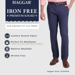Haggar Iron Free Premium Khaki Mens Comfort Waistband Slim Fit Flat Front Pant