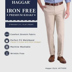 Haggar Iron Free Premium Khaki Mens Comfort Waistband Straight Fit Flat Front Pant