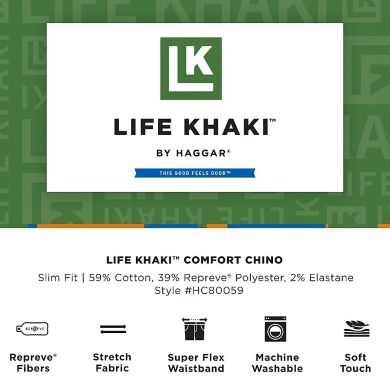 Haggar Life Khaki Chino Mens Comfort Waistband Slim Fit Flat Front Pant