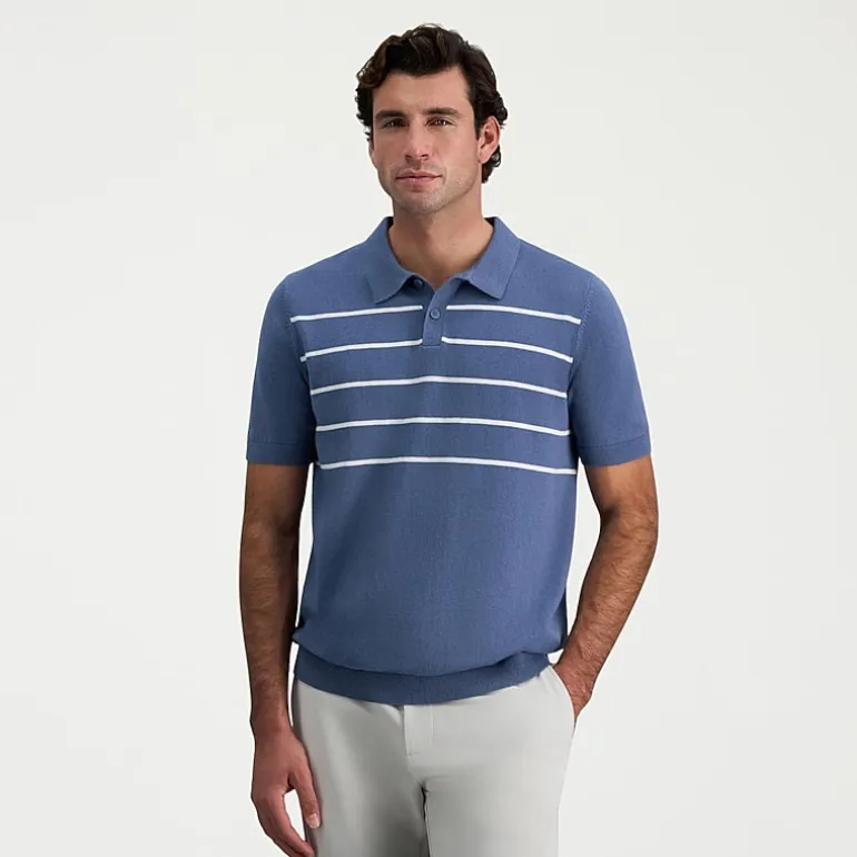 Haggar Linen Blend Retro Stripe Mens Short Sleeve Button Polo Sweater