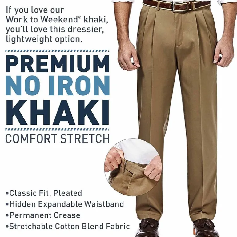 Haggar Premium No Iron Khaki Mens Classic Fit Pleated Pant
