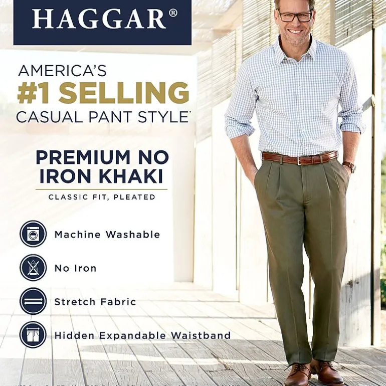 Haggar Premium No Iron Khaki Mens Classic Fit Pleated Pant